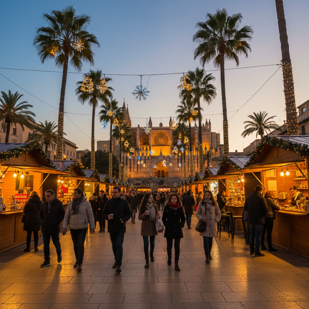 Palma Christmas – Weihnachtsmarkt unter Palmen mit Blick auf die Kathedrale in Palma de Mallorca